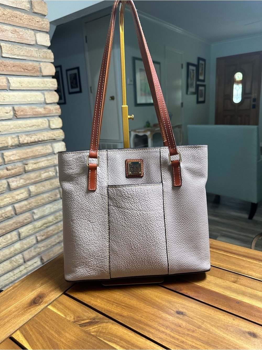 Dooney & Bourke Pebble Leather Tote in Taupe with Brown Straps